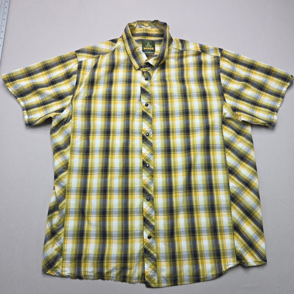 Prana Shirt Breathe Plaid Organic Cotton Yellow Blue Men Size XL Short Sleeve